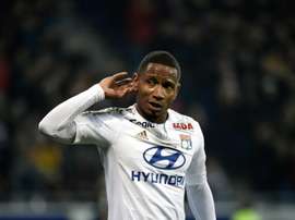 Lyons forward Claudio Beauvue celebrates after scoring during the French L1 football match Olympique Lyonnais (OL) vs Troyes on January 9, 2016, at the New Stadium in Decines-Charpieu, central-eastern France
