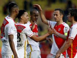 Monacos midfielder Helder Costa (2nd L) celebrates with teammates after scoring a goal during the French L1 football match Monaco vs Toulouse on January 24, 2016 at the Louis II Stadium in Monaco