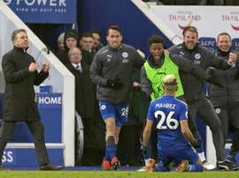 Mahrez ran to the touchline to celebrate his equaliser. AFP