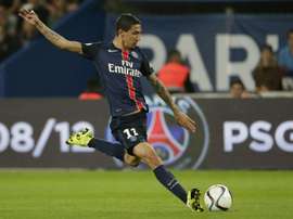 Paris Saint-Germains Argentinian forward Angel Di Maria kicks the ball during the French L1 football match between Paris Saint-Germain (PSG) and Bordeaux at the Parc des Princes stadium in Paris on September 11, 2015
