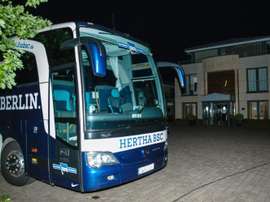 The Hertha Berlin team bus is pictured on August 9, 2015 in Bielefeld, Germany