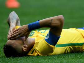 Brazil player Neymar gestures on the field during the Rio 2016 Olympic Games First Round Group A mens football match Brazil vs South Africa, at the Mane Garrincha Stadium in Brasilia on August 4, 2016