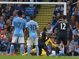 West Ham Uniteds striker Diafra Sakho (3rd L) scores past Manchester Citys goalkeeper Joe Hart (2nd R) during an English Premier League football match at The Etihad Stadium in Manchester, north west England on September 19, 2015