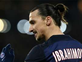 Paris Saint-Germains forward Zlatan Ibrahimovic celebrates after scoring a goal during the match against Angers on January 23, 2016 at the Parc des Princes stadium in Paris