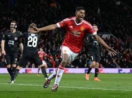 Manchester Uniteds striker Marcus Rashford celebrates scoring during a UEFA Europa League match against FC Midtjylland on February 25, 2016