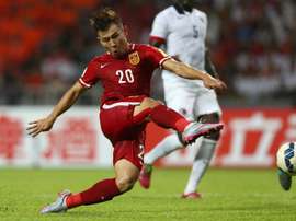 Chinas Yu Hanchao shoots at goal during a World Cup qualifier against Hong Kong in Shenzhen, southern China, on September 3, 2015
