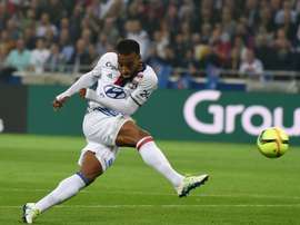Lyons forward Alexandre Lacazette shoots the ball on May 7, 2016