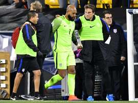US goalkeeper Tim Howard is helped off of the field after being injured in the first half against Mexico during the FIFA 2018 World Cup Qualifier at MAPFRE Stadium on November 11, 2016 in Columbus, Ohio
