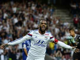 Lyons French forward Alexandre Lacazette celebrating after scoring a goal during the French L1 football match Olympique Lyonnais (OL) vs SC Bastia (SCB) , at the Gerland Stadium in Lyon