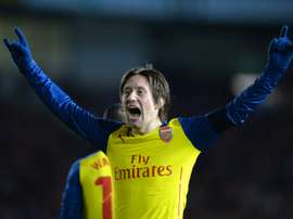 Arsenals Czech midfielder Tomas Rosicky celebrates scoring during the FA Cup fourth round football match between Brighton & Hove Albion and Arsenal in Brighton, England on January 25, 2015