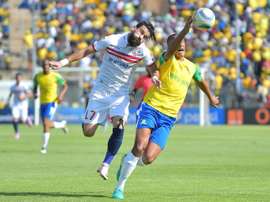 Zamalek's Basem Abdall (L) goes head to hand with Wayne Arendse in the CAF Championship final. AFP