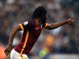 Romas forward Gervinho celebrates after scoring during the Italian football match AS Roma vs SS Lazio at the Olympic stadium on November 8, 2015 in Rome