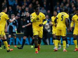 Aston Villas defender Micah Richards (C) celebrates scoring a goal during the FA Cup third-round football match between Wycombe Wanderers and Aston Villa at the Adams Park stadium in High Wycombe, west of London on January 9, 2016