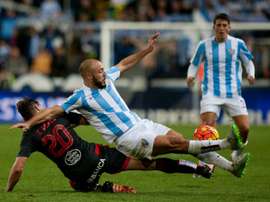 Nordin Amrabat (C), seen in Malaga on January 2, 2016, agreed to a three and a half year contract with the Hornets and will link up with Quique Sanchez Flores squad after the league match at Swansea