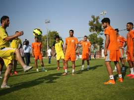 Palestinian players of Al-Ahli Hebron attend a training session in Gaza City on August 5, 2015