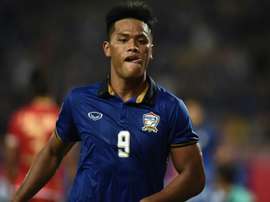 Thailands Sirod Chatthong celebrates after scoring against Myanmar in the AFF Suzuki Cup semifinal against Myanmar in Bangkok on December 8, 2016