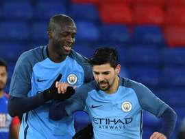Les joueurs de Manchester City, Yaya Touré et Nolito lors d'un match de Premier League. AFP