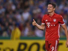 Bayern Munichs Polish striker Robert Lewandowski, pictured on August 19, 2016, put Bayern ahead after just three minutes at fourth-division club Jena, ending the match with a hat-trick