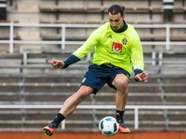 Swedens national football team player Zlatan Ibrahimovic attends a training session at Stockholm Stadion on May 25, 2016