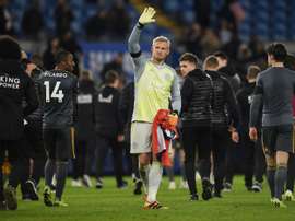 Leicester's Kasper Schmeichel applauds fans after his side's emotional win at Cardiff. AFP