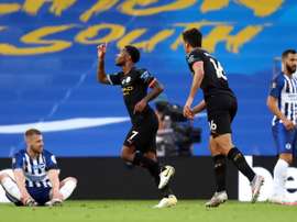 Raheem Sterling (2L) got a hat-trick in Man City's 0-5 win at Brighton. AFP