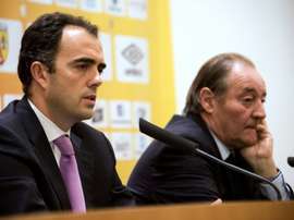 Spanish council member of Atletico Madrids board Ignacio Aguillo (L) and President of French football team RC Lens Gervais Martel (R) hold a press conference on May 23, 2016 in Lens, France