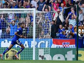 Leicester Citys Algerian midfielder Riyad Mahrez celebrates after scoring at King Power Stadium in Leicester, central England on August 8, 2015