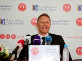 Heimir Hallgrimsson held his first press conference for new club Al-Arabi this week. AFP