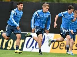 (L-R) Kevin Volland, Matthias Ginter, Sebastian Rudy and Marco Reus of the German national football team run during a training session in Frankfurt am Main on October 6, 2015, prior to the EURO qualifier against Irleand on October 8, 2015, in Dublin