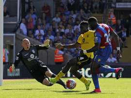Crystal Palaceâs French midfielder Bakary Sako (R) has an attempt blocked by Aston Villaâs Micah Richards (2nd R) during the English Premier League football match in south London on August 22, 2015