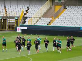 Wroclaws players warm up during a training session in Brugge, on August 7, 2013