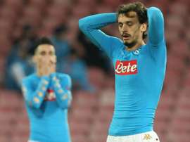 Manolo Gabbiadini reacts after missing a shot against Dynamo Kiev. AFP