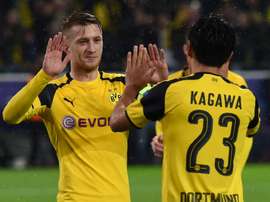 Marco Reus (L) and Shinji Kagawa celebrate a goal against Legia Warsaw. AFP