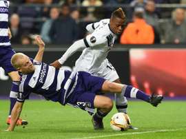 Clinton Njie (right) in action for Tottenham Hotspur durinig their Europa League match against Anderlecht in October 2015
