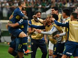 Dario Benedetto (g), des Boca Juniors, après avoir marqué contre Palmeiras. AFP