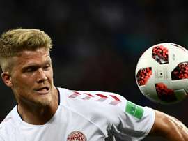 Le Danois Andreas Cornelius lors du match face à la Croatie lors du Mondial. AFP