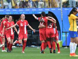 Les Canadiennes victorieuses du Brésil pour la 3e place du tournoi olympique. AFP