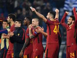 Les joueurs de lAS Roma savourent leur qualification à l'issue de la victoire. AFP