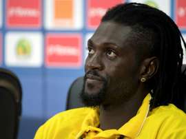 Le capitaine du Togo Emmanuel Adebayor en conférence de presse à Port-Gentil. AFP