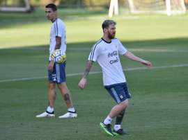 Lionel Messi et Angel di Maria à l'entraînement de l'Argentine à Vespasiano. AFP