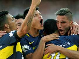 La joie des joueurs de Boca Juniors après le 2e but de Carlos Tevez contre River Plate, le 11 décembre 2016 au Monumental