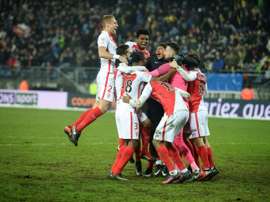 La joie des Monégasques après avoir éliminé Sochaux en quarts de finale de la Coupe de la Ligue, le 10 janvier 2017 au stade Bonal