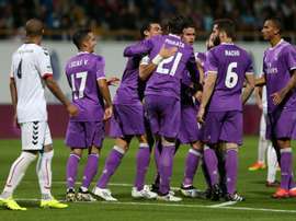 Les joueurs du Real Madrid fêtent un but marqué contre Cultural Leonesa en 16e de finale aller de la Coupe du Roi, le 26 octobre 2016 à Léon