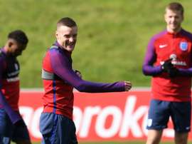 L'attaquant de l'équipe d'Angleterre Jamie Vardy lors d'une séance d'entraînement à St George's. AFP
