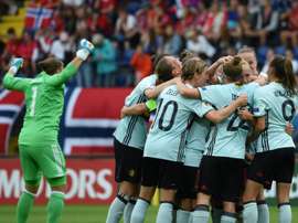La joie des joueuses belges après leur deuxième but contre la Norvège. AFP