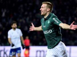 L'attaquant slovène de Saint-Etienne Robert Beric buteur contre Strasbourg. AFP