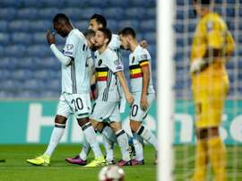 Christian Benteke auteur dun triplé, dont le but le plus rapide en éliminatoires du Mondial, contre Gibraltar, le 10 octobre 2016 à Faro