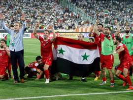 Les joueurs syriens en liesse après avoir décroché un ticket pour un pré-barrages. AFP