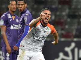 Andy Delort exulte après avoir marqué le 2e but de Montpellier à Toulouse. AFP