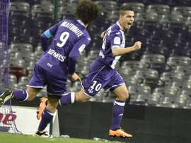 Le buteur toulousain Wissam Ben Yedder, congratulé par Martin Braithwaite également buteur contre Bastia au Stadium, le 9 avril 2016